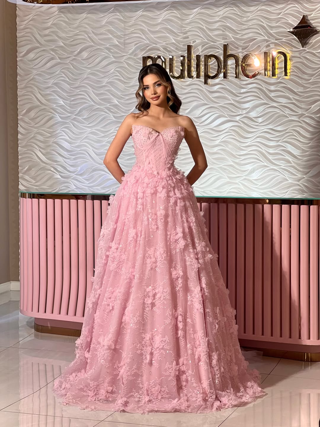 Pink floral A-line gown